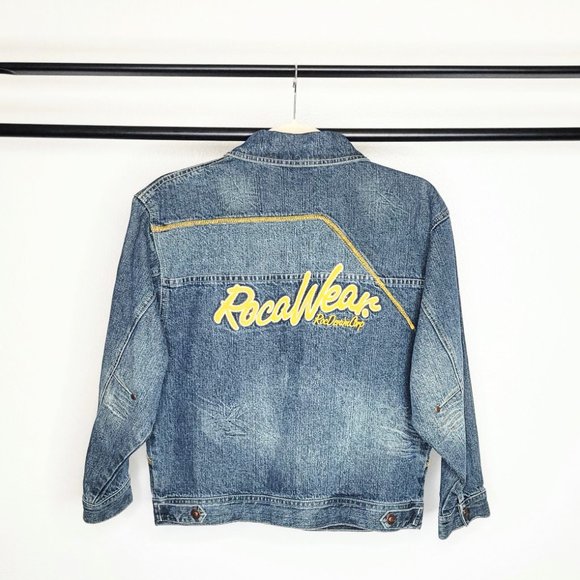 Rocawear RocDenimCorp Vintage 90s Denim Jacket w/ Yellow & White Embroidery SZ M - Picture 9 of 13